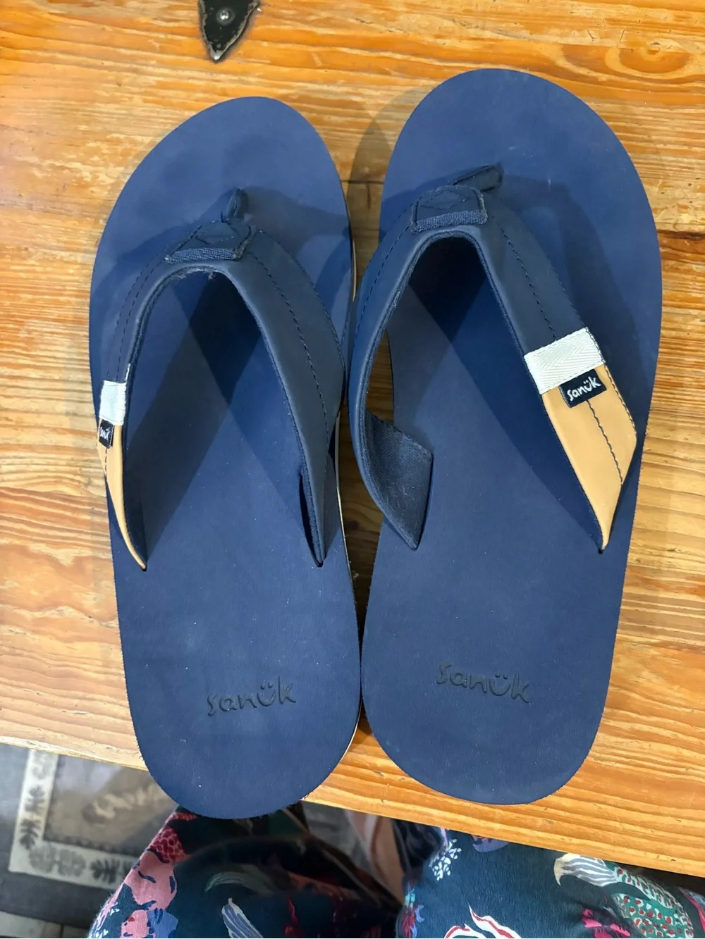 Sanuk Sawyer Navy Blue and Tan Men's Flip-Flops